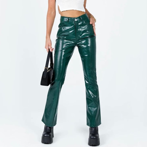 Princess Polly Pants - NEW! Princess Polly Harmonious Crocodile Shiny Faux Leather Flare Pants in Green